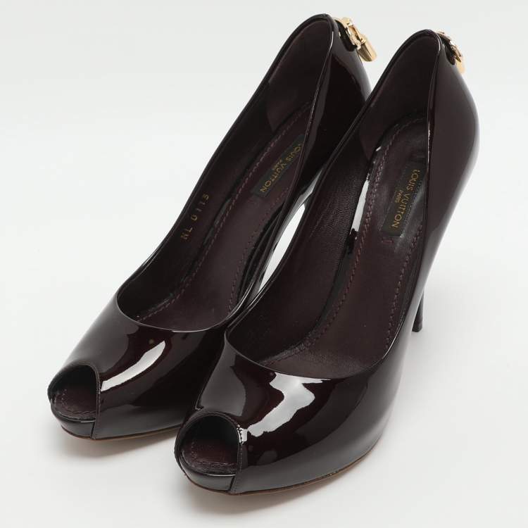 Pre Owned Louis Vuitton Oh Really! Size 36.5 Burgundy Patent Leather Peep Toe Pumps