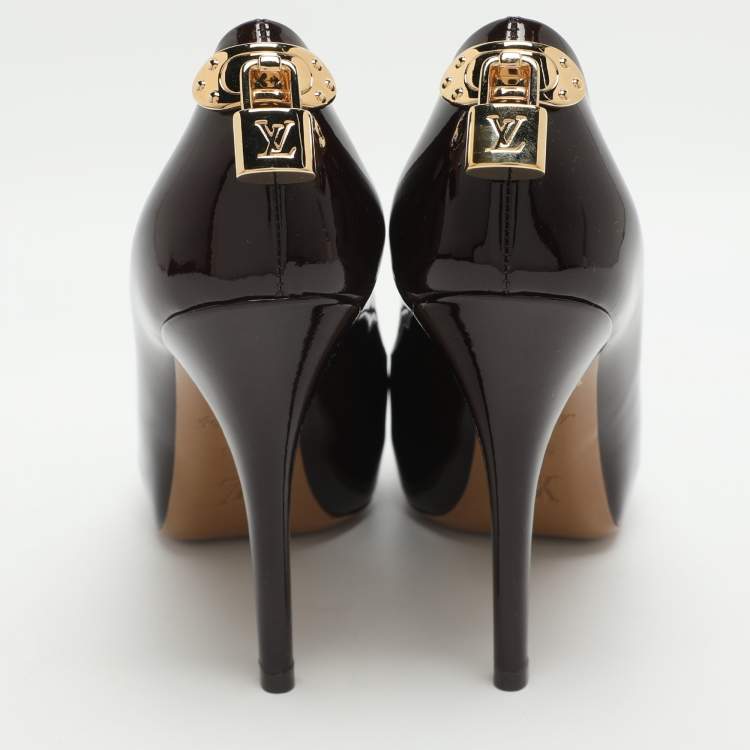 Pre Owned Louis Vuitton Oh Really! Size 36.5 Burgundy Patent Leather Peep Toe Pumps