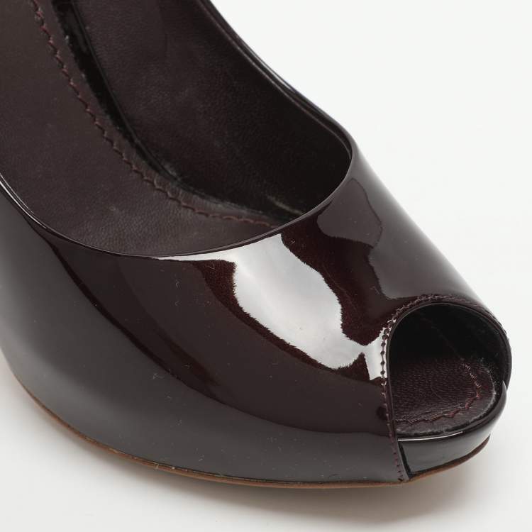 Pre Owned Louis Vuitton Oh Really! Size 36.5 Burgundy Patent Leather Peep Toe Pumps