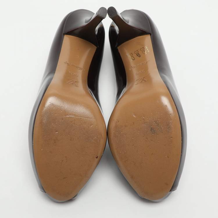 Pre Owned Louis Vuitton Oh Really! Size 36.5 Burgundy Patent Leather Peep Toe Pumps