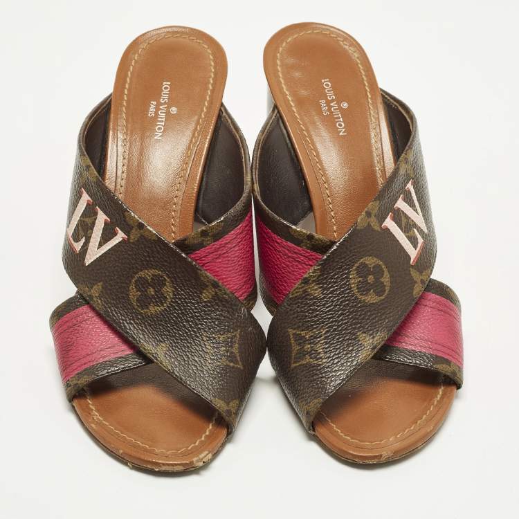 Pre Owned Louis Vuitton Panorama Size 37 Brown Coated Canvas Slide Sandals