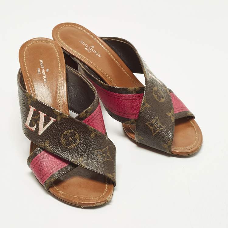 Pre Owned Louis Vuitton Panorama Size 37 Brown Coated Canvas Slide Sandals