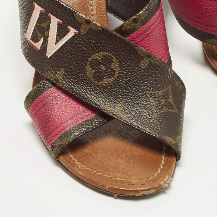 Pre Owned Louis Vuitton Panorama Size 37 Brown Coated Canvas Slide Sandals