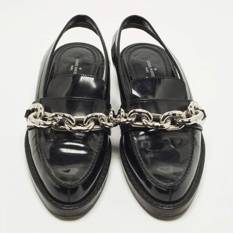 Pre Owned Louis Vuitton Chain Size 36.5 Black Patent Leather Slingback Loafers