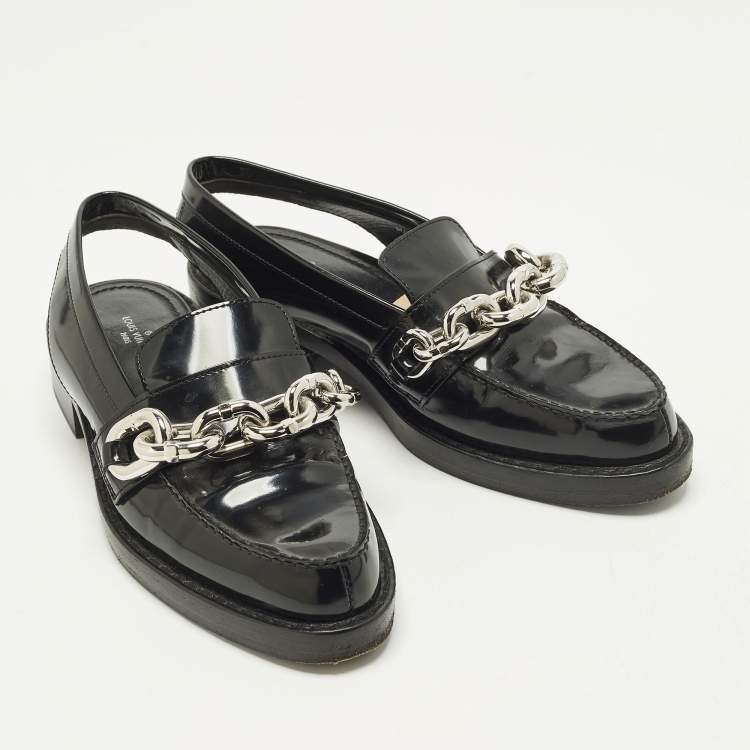 Pre Owned Louis Vuitton Chain Size 36.5 Black Patent Leather Slingback Loafers