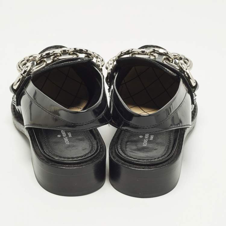 Pre Owned Louis Vuitton Chain Size 36.5 Black Patent Leather Slingback Loafers
