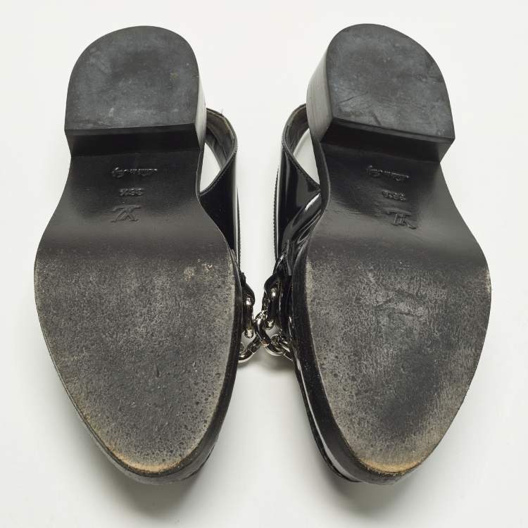 Pre Owned Louis Vuitton Chain Size 36.5 Black Patent Leather Slingback Loafers