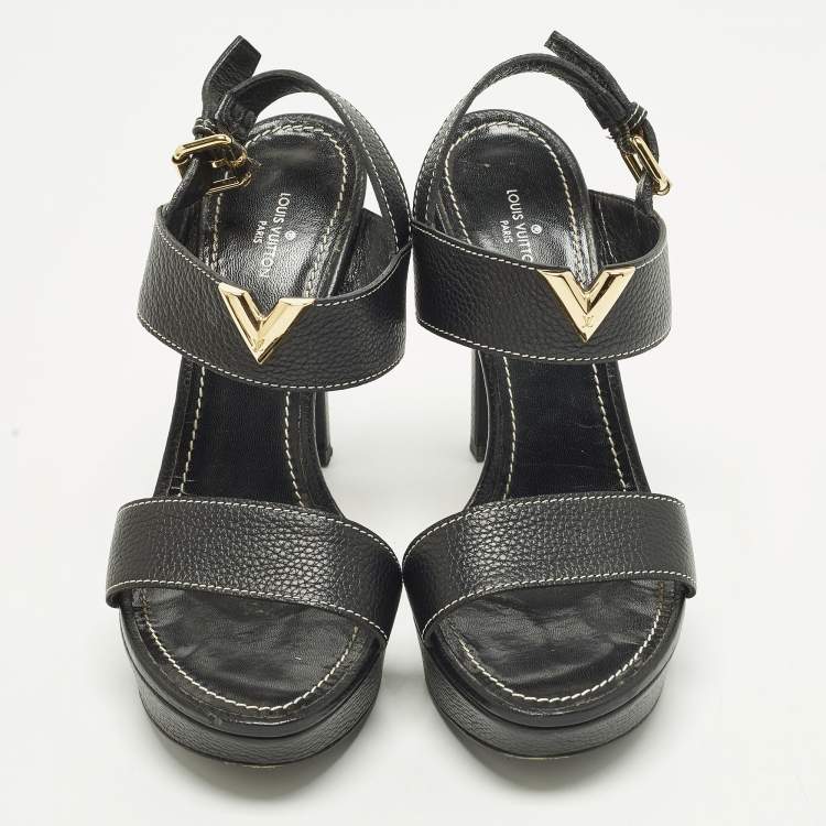 Pre Owned Louis Vuitton Size 38 Black Leather Platform Ankle Strap Sandals