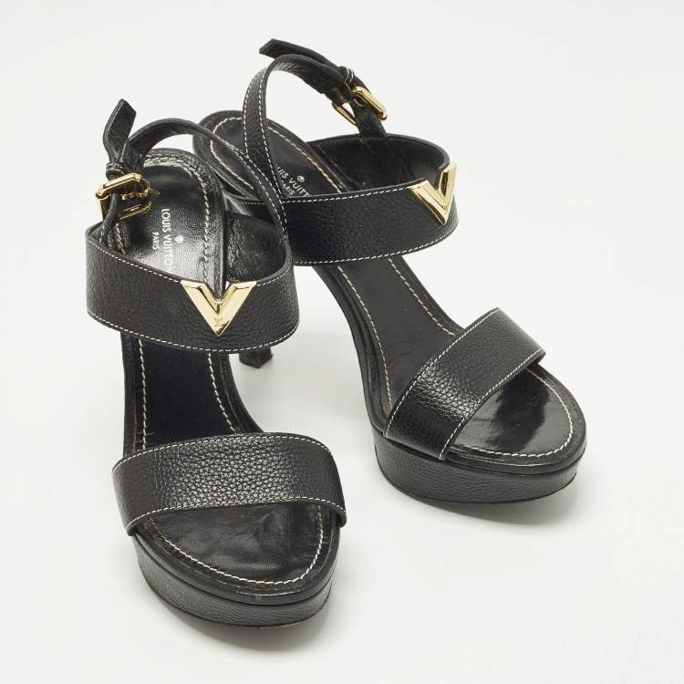 Pre Owned Louis Vuitton Size 38 Black Leather Platform Ankle Strap Sandals