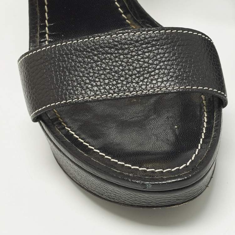 Pre Owned Louis Vuitton Size 38 Black Leather Platform Ankle Strap Sandals