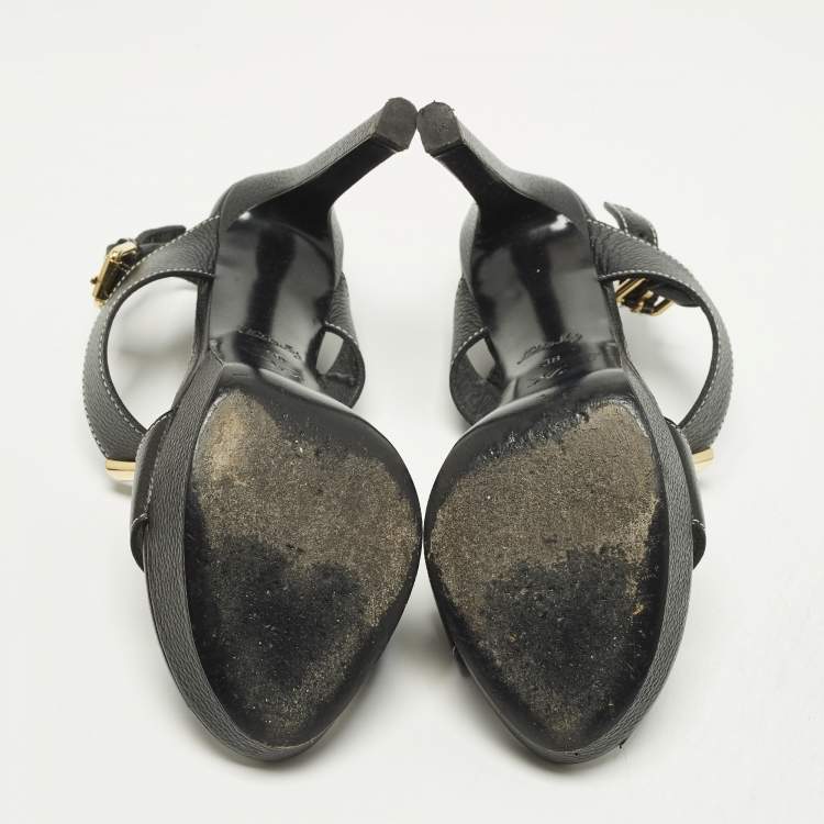 Pre Owned Louis Vuitton Size 38 Black Leather Platform Ankle Strap Sandals