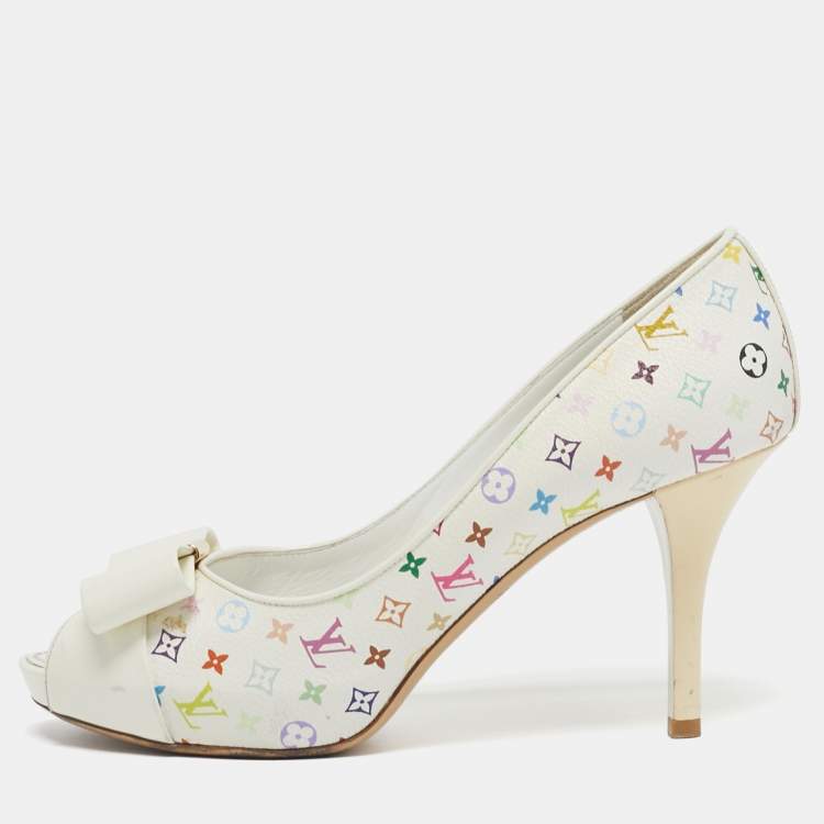 Pre Owned Louis Vuitton Bow Size 37 Multicolor Monogram Canvas and Patent Leather Peep Toe Pumps