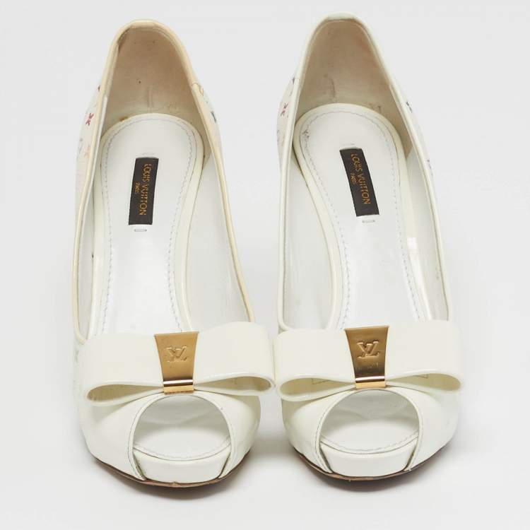 Pre Owned Louis Vuitton Bow Size 37 Multicolor Monogram Canvas and Patent Leather Peep Toe Pumps