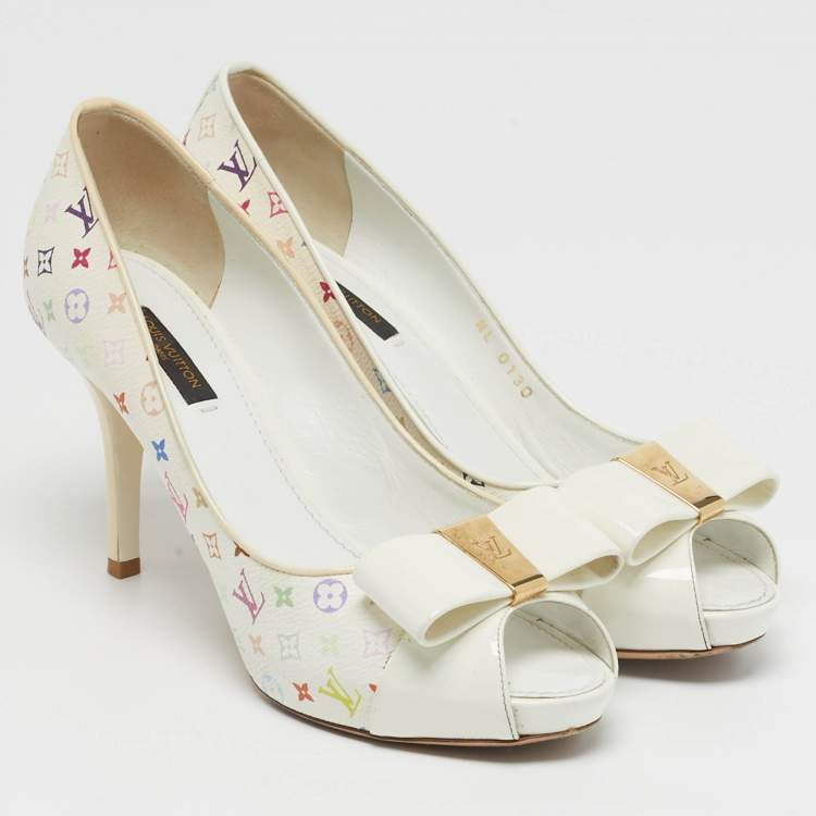 Pre Owned Louis Vuitton Bow Size 37 Multicolor Monogram Canvas and Patent Leather Peep Toe Pumps