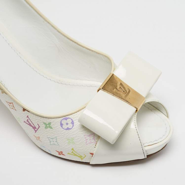 Pre Owned Louis Vuitton Bow Size 37 Multicolor Monogram Canvas and Patent Leather Peep Toe Pumps