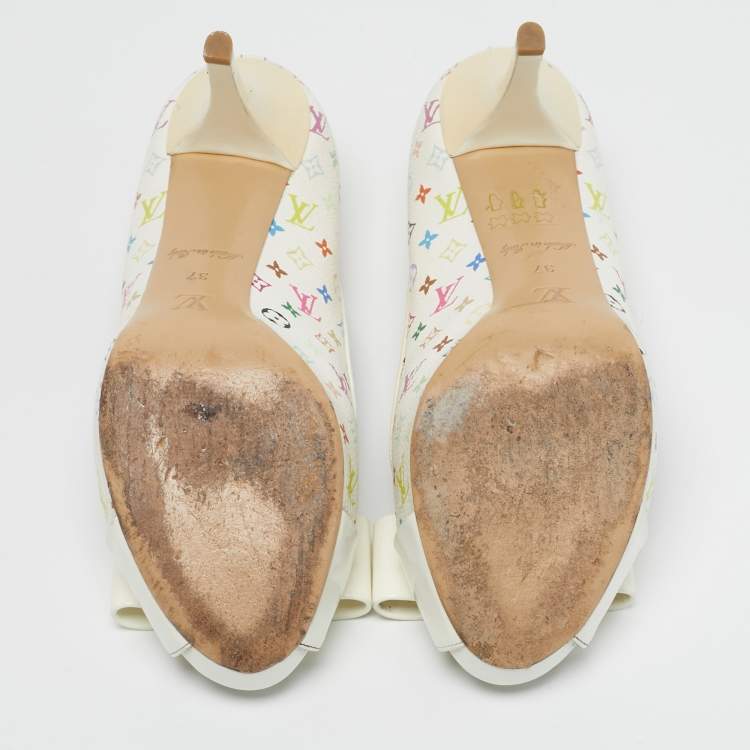 Pre Owned Louis Vuitton Bow Size 37 Multicolor Monogram Canvas and Patent Leather Peep Toe Pumps