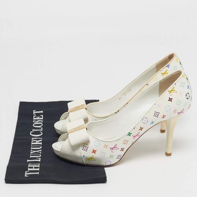 Pre Owned Louis Vuitton Bow Size 37 Multicolor Monogram Canvas and Patent Leather Peep Toe Pumps
