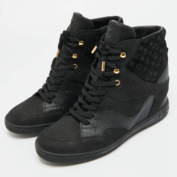 Pre Owned Louis Vuitton Cliff Size 40.5 Black Nubuck Leather and Suede Wedge Sneakers