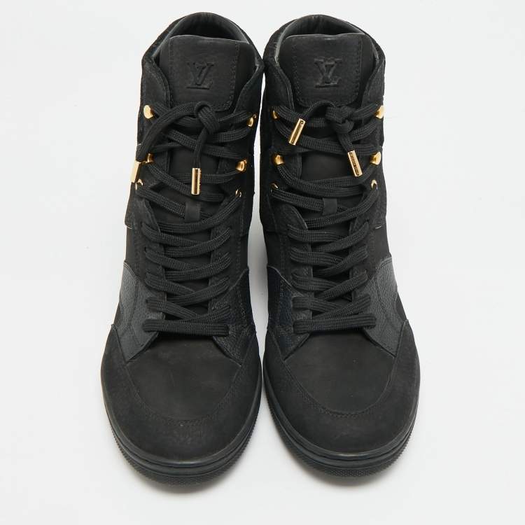 Pre Owned Louis Vuitton Cliff Size 40.5 Black Nubuck Leather and Suede Wedge Sneakers