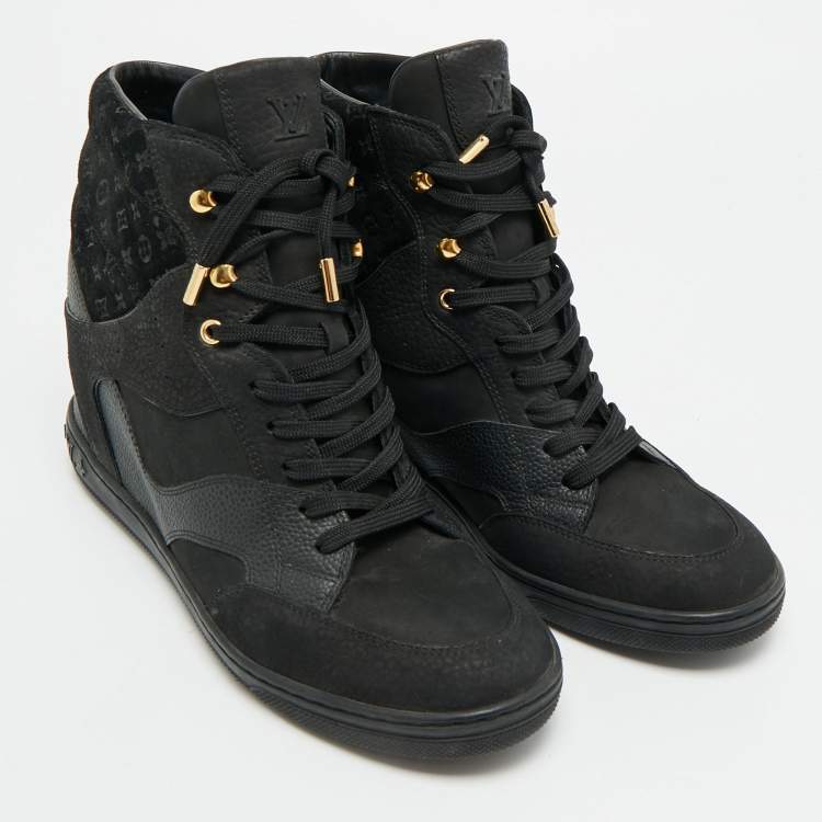 Pre Owned Louis Vuitton Cliff Size 40.5 Black Nubuck Leather and Suede Wedge Sneakers