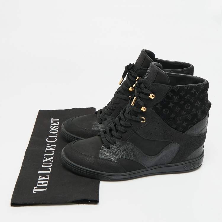 Pre Owned Louis Vuitton Cliff Size 40.5 Black Nubuck Leather and Suede Wedge Sneakers
