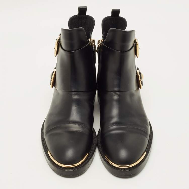 Pre Owned Louis Vuitton Size 38.5 Black Leather Ankle Length Boots