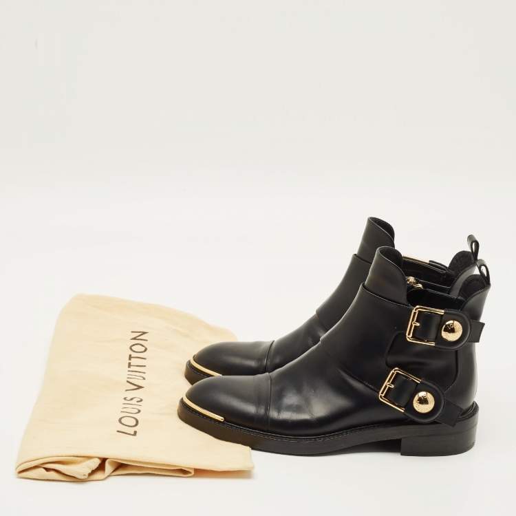 Pre Owned Louis Vuitton Size 38.5 Black Leather Ankle Length Boots