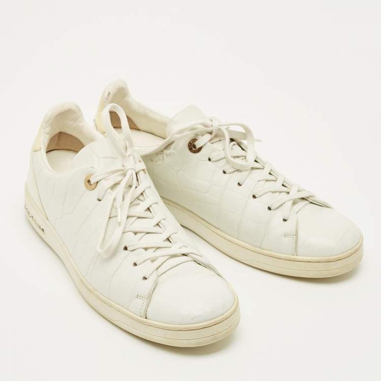 Pre Owned Louis Vuitton Frontrow Size 40 White Croc Embossed Leather Lace Up Sneakers