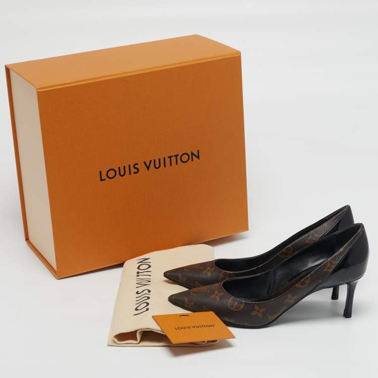 Pre Owned Louis Vuitton Chérie Size 38 Brown Monogram Canvas and Patent Leather Pumps