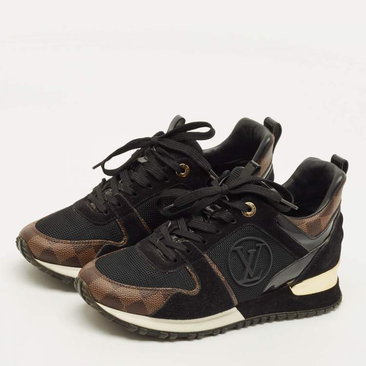 Pre Owned Louis Vuitton Run Away Size 36.5 Black Mesh and Damier Ebene Canvas Low Top Sneakers