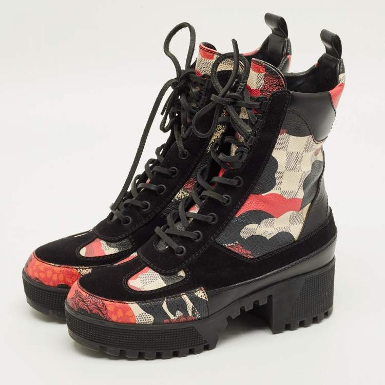 Pre Owned Louis Vuitton Laureate Size 37 Damier Azur Overcloud Canvas Combat Boots