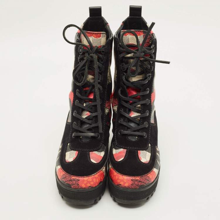 Pre Owned Louis Vuitton Laureate Size 37 Damier Azur Overcloud Canvas Combat Boots