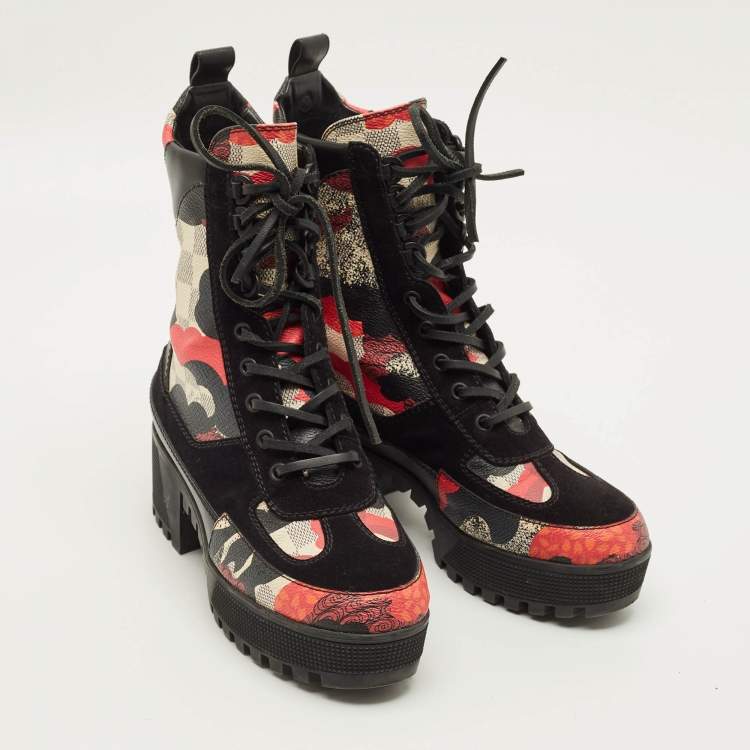 Pre Owned Louis Vuitton Laureate Size 37 Damier Azur Overcloud Canvas Combat Boots