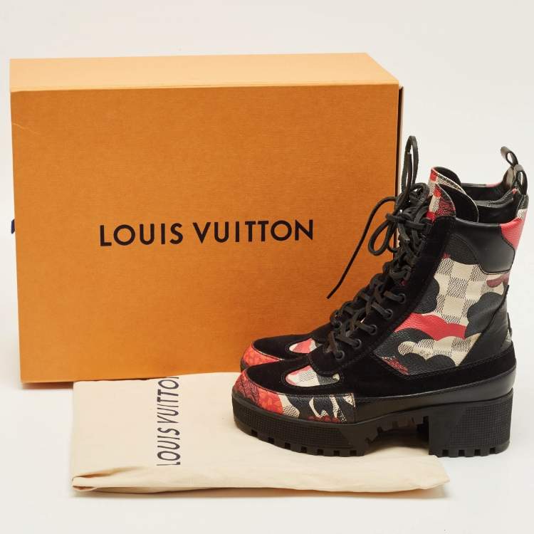 Pre Owned Louis Vuitton Laureate Size 37 Damier Azur Overcloud Canvas Combat Boots