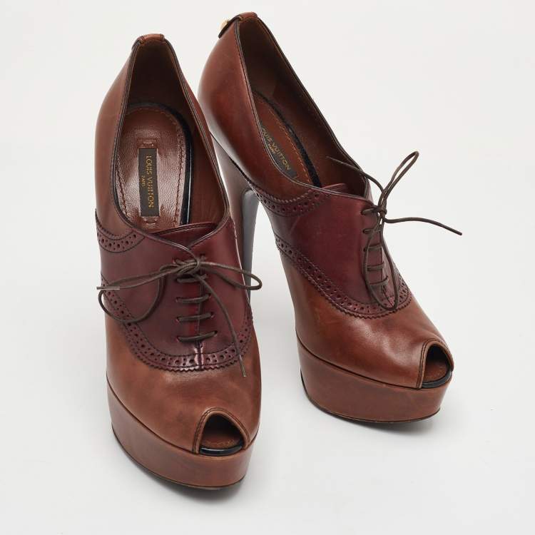 Pre Owned Louis Vuitton Size 38.5 Brown Leather Platform Lace Up Oxford Pumps