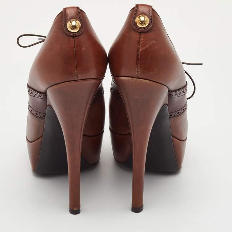 Pre Owned Louis Vuitton Size 38.5 Brown Leather Platform Lace Up Oxford Pumps