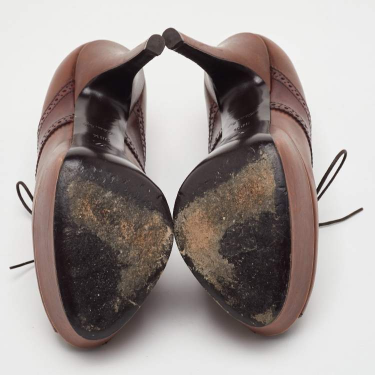 Pre Owned Louis Vuitton Size 38.5 Brown Leather Platform Lace Up Oxford Pumps