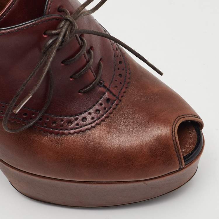 Pre Owned Louis Vuitton Size 38.5 Brown Leather Platform Lace Up Oxford Pumps