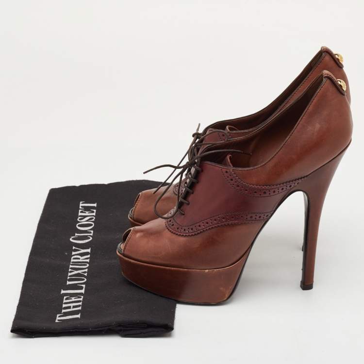 Pre Owned Louis Vuitton Size 38.5 Brown Leather Platform Lace Up Oxford Pumps