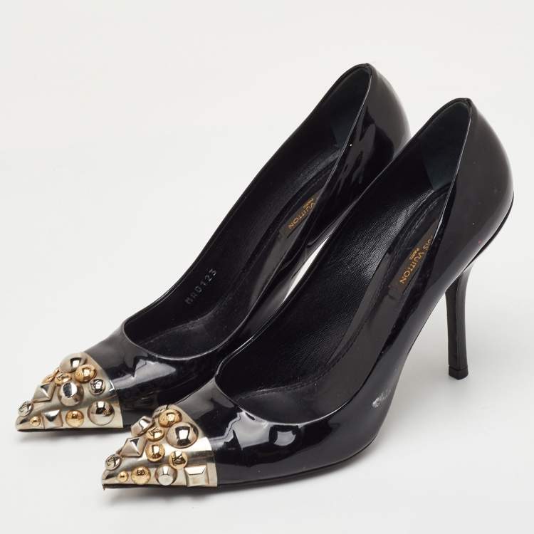 Pre Owned Louis Vuitton Bernice Size 38.5 Black Patent Leather Studded Pointed Toe Pumps 