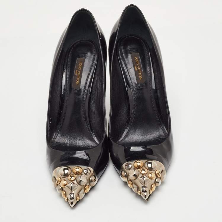 Pre Owned Louis Vuitton Bernice Size 38.5 Black Patent Leather Studded Pointed Toe Pumps 
