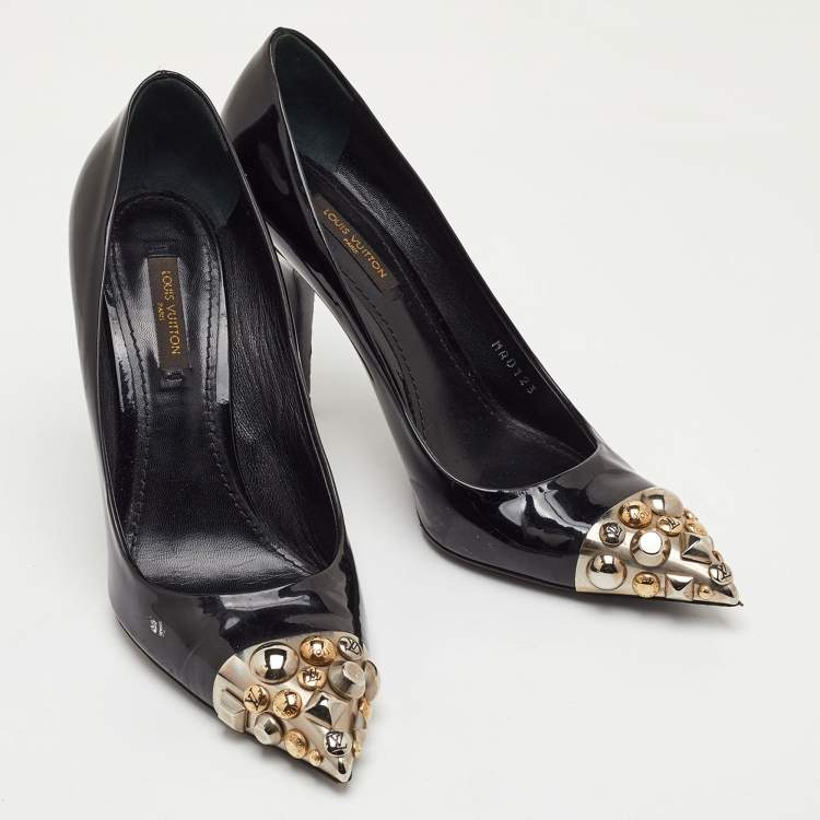 Pre Owned Louis Vuitton Bernice Size 38.5 Black Patent Leather Studded Pointed Toe Pumps 