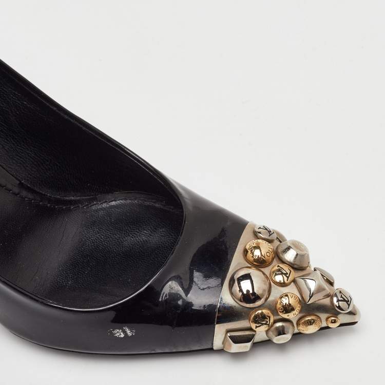 Pre Owned Louis Vuitton Bernice Size 38.5 Black Patent Leather Studded Pointed Toe Pumps 