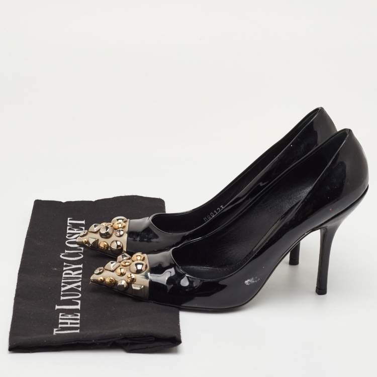 Pre Owned Louis Vuitton Bernice Size 38.5 Black Patent Leather Studded Pointed Toe Pumps 