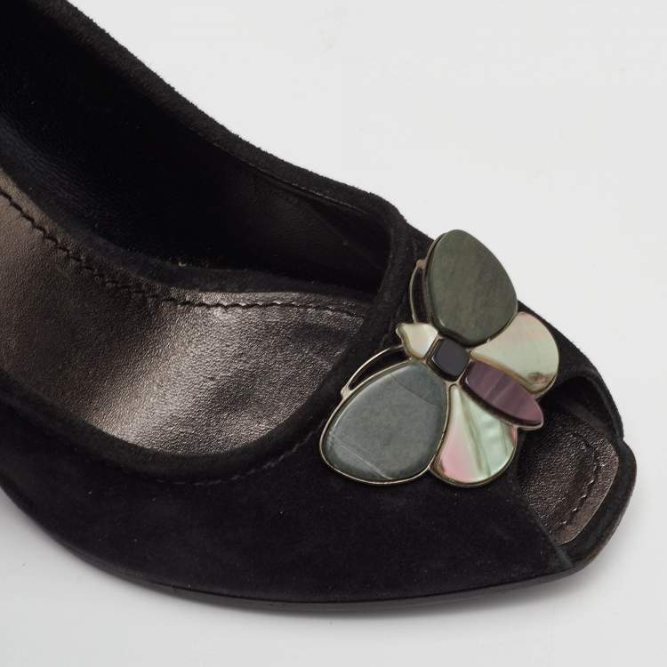 مملوكة مسبقًا Louis Vuitton Size 39.5 Black Suede Butterfly Peep Toe Wedge Pumps