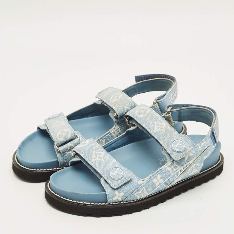 Pre Owned Louis Vuitton Paseo Size 40.5 Blue Denim Flat Slingback Sandals