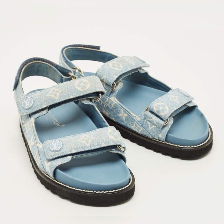Pre Owned Louis Vuitton Paseo Size 40.5 Blue Denim Flat Slingback Sandals