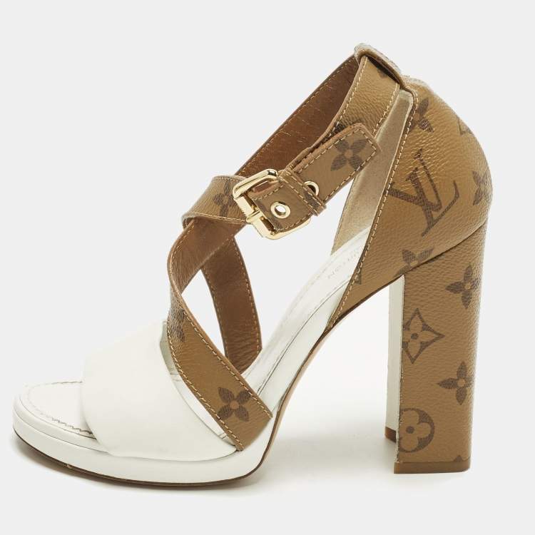 Pre Owned Louis Vuitton Matchmake Size 35 White/Brown Monogram Canvas and Leather Ankle Strap Sandals