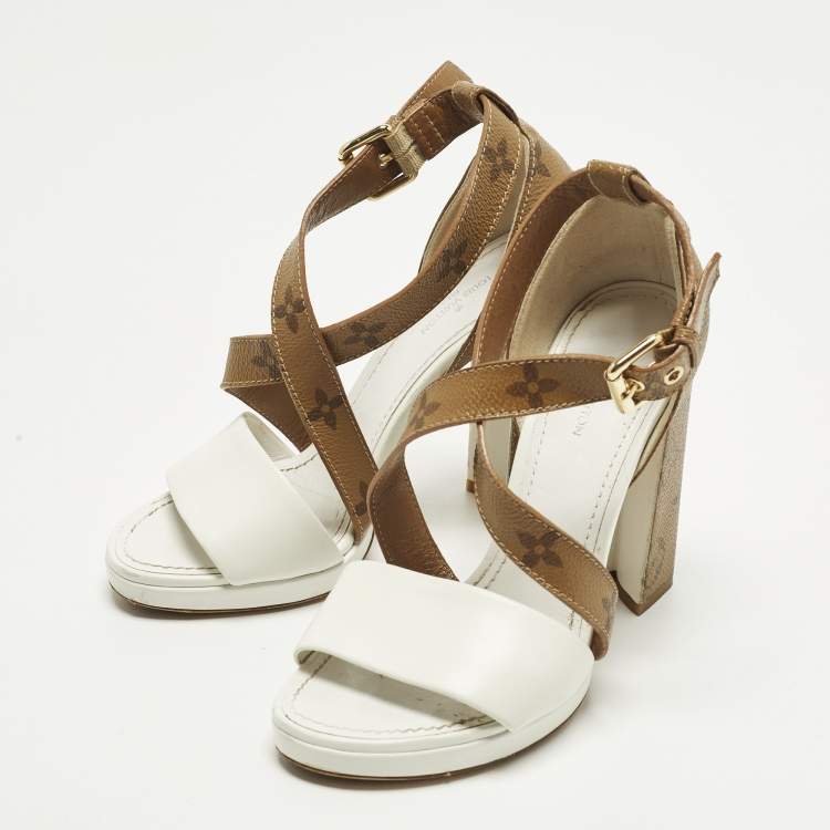 Pre Owned Louis Vuitton Matchmake Size 35 White/Brown Monogram Canvas and Leather Ankle Strap Sandals