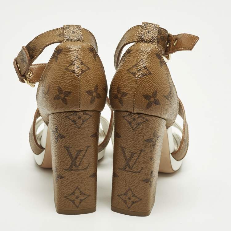 Pre Owned Louis Vuitton Matchmake Size 35 White/Brown Monogram Canvas and Leather Ankle Strap Sandals